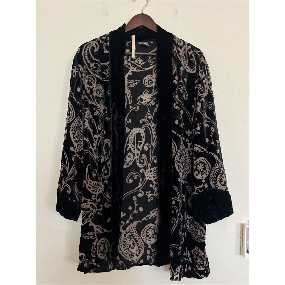 Cocoon House Silk Burnout Paisley Black Velvet Trim Open Kimono SZ L / XL